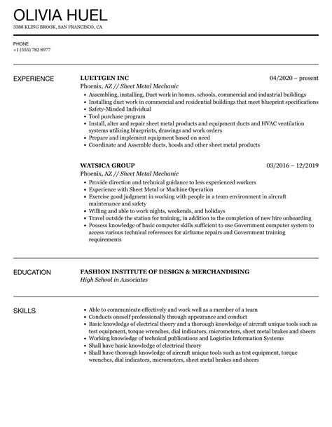 sheet metal mechanic resume sample